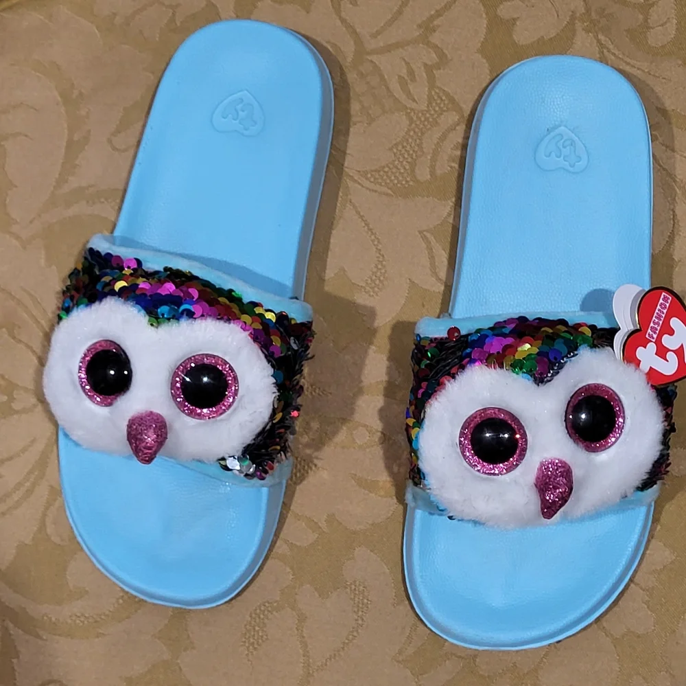 Ty Owen rainbow flip sequined owl slide slippers